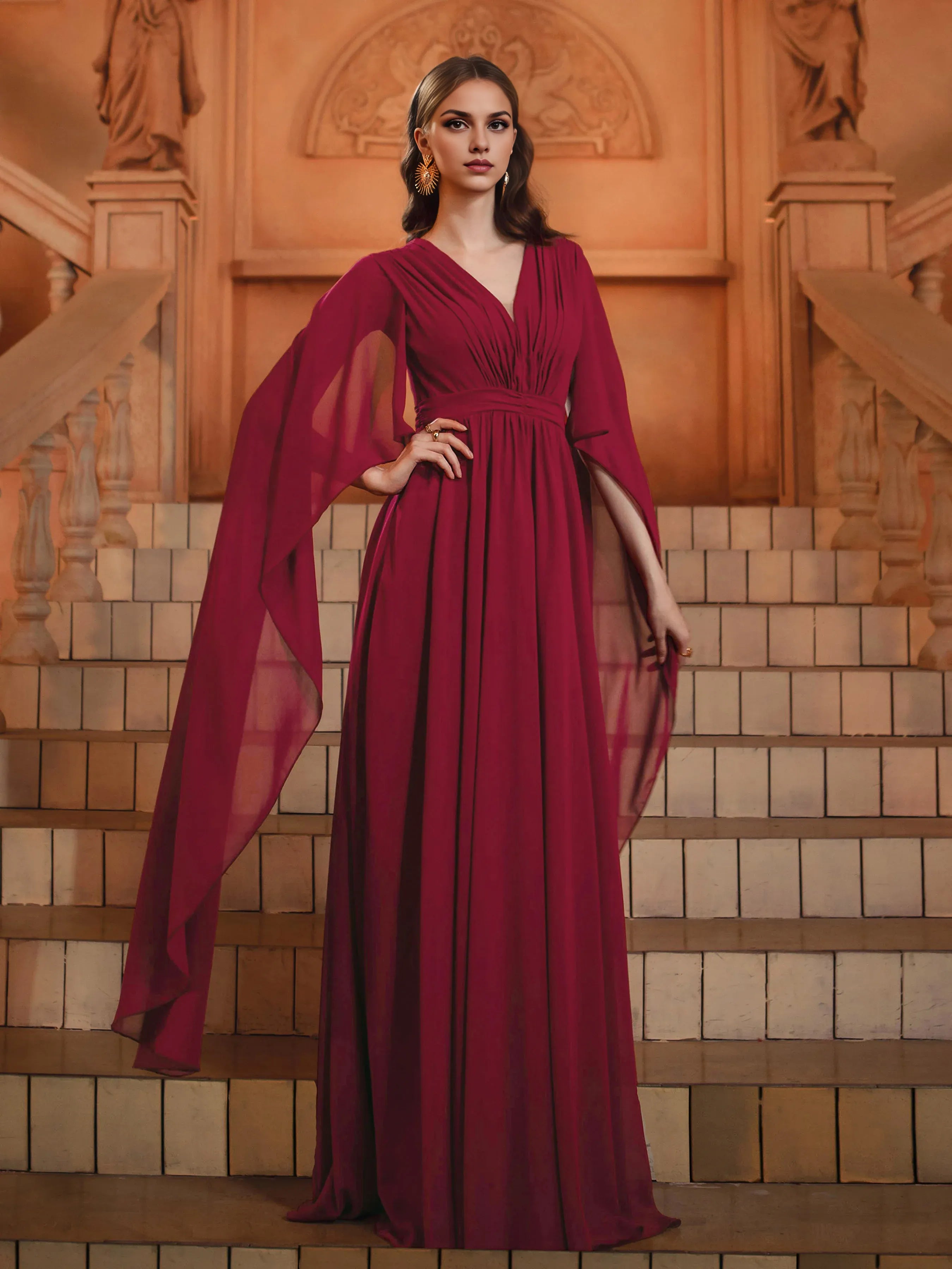 Modern A-Line V-Neck Cape Sleeve Back Zip Floor-Length Prom Dress